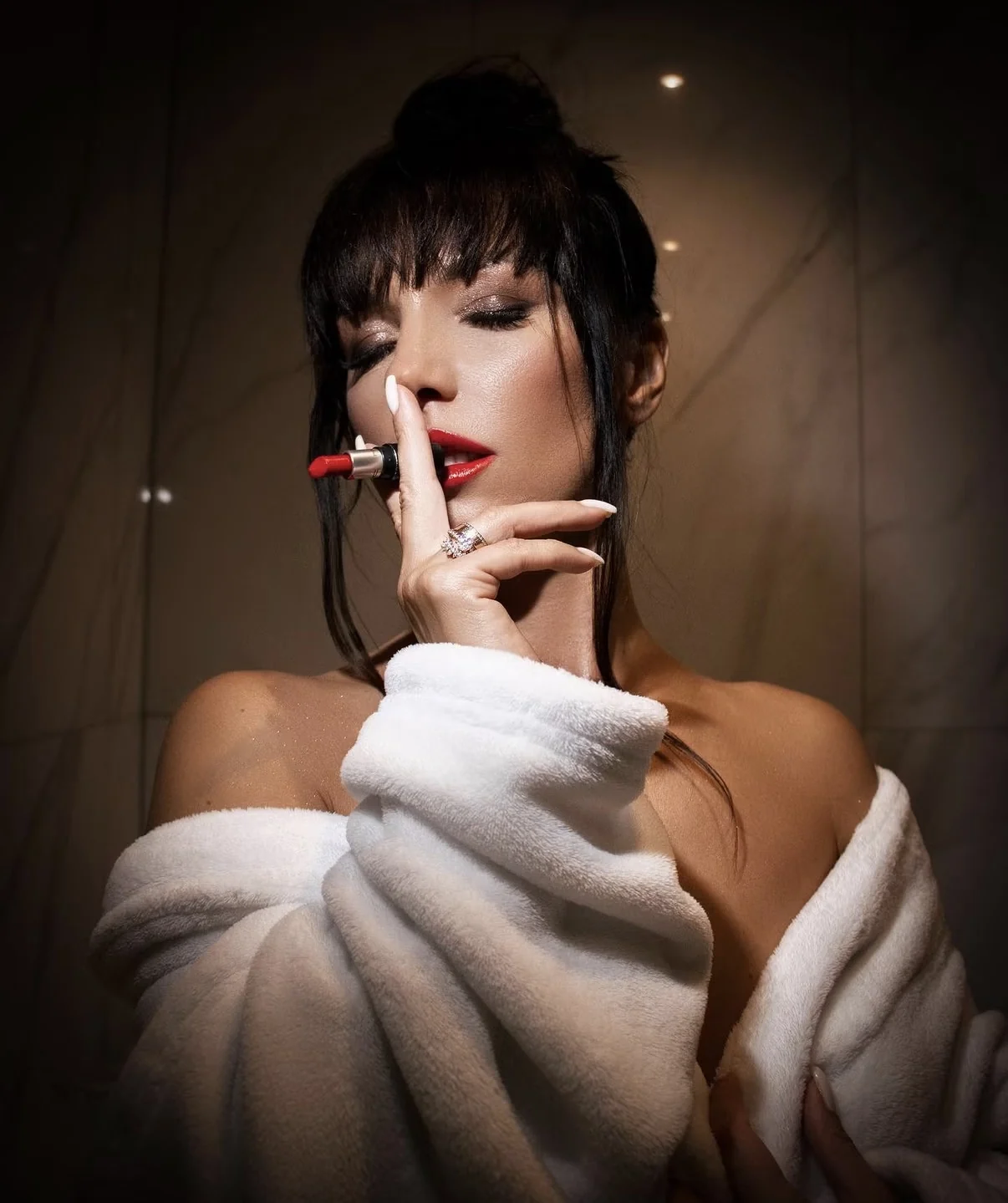 Beauty portrait with red lipstick and evening make-up